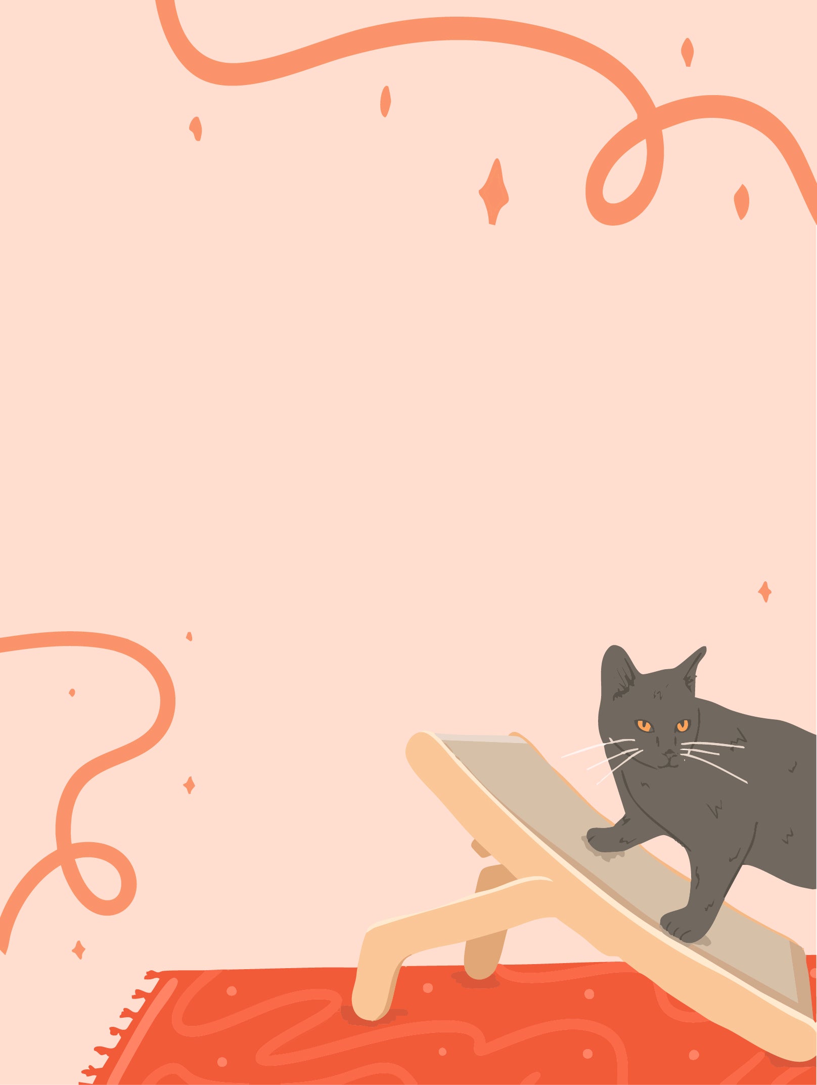 Illustration of black cat perched on scratcher