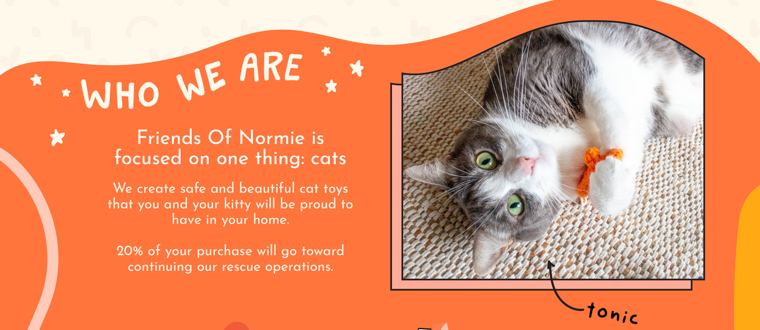 Who We Are: Friends of Normie is focused on one thing: Cats. We create safe and beautiful cat toys that you and your kitty will be proud to have in your home. 20% of your purchase will go toward continuing our rescue operations.